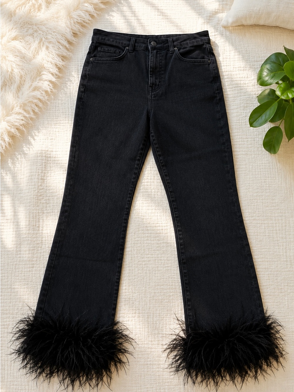 Veronica Beard Kareena Feather-Trimmed Skinny Jeans Charcoal Black ostrich 32